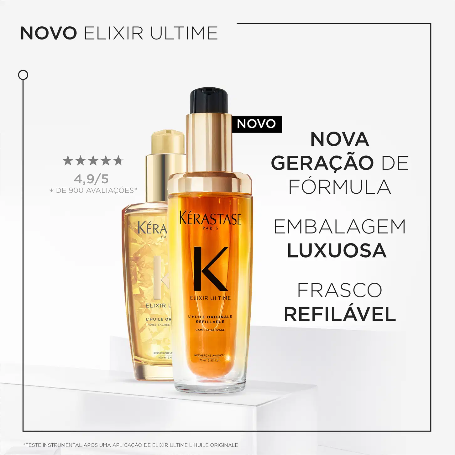 A imagem mostra a comparação do antigo e novo frasco dos óleos de Elixir Ultime. São de vidro luxuosos com líquidos dourados e âmbar. Um deles é refilável. O texto destaca para nova embalagem: Nova Geração de Fórmula, Embalagem Luxuosa e Frasco Refilável