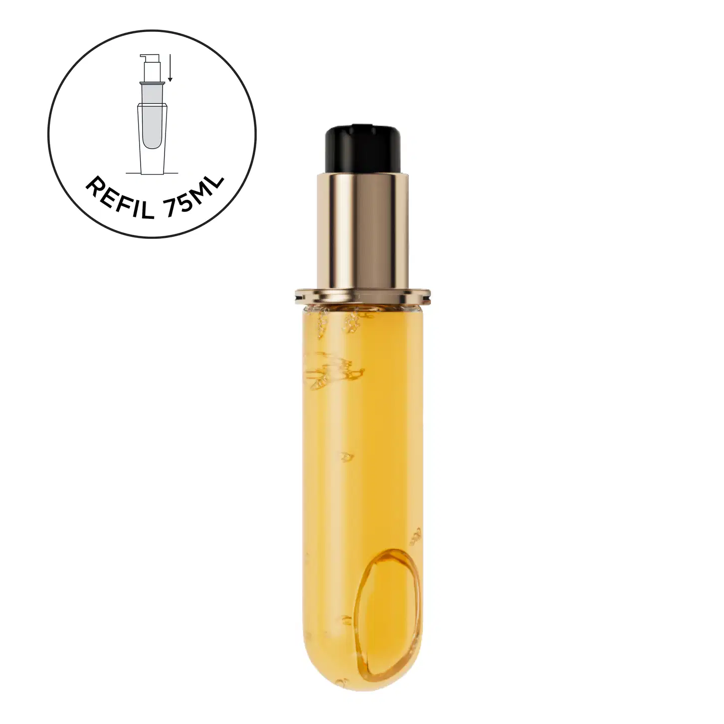 A imagem mostra o frasco do refil de óleo capilar elixir ultime de Kérastase e uma ilustração acima que indica que refil 75ml.