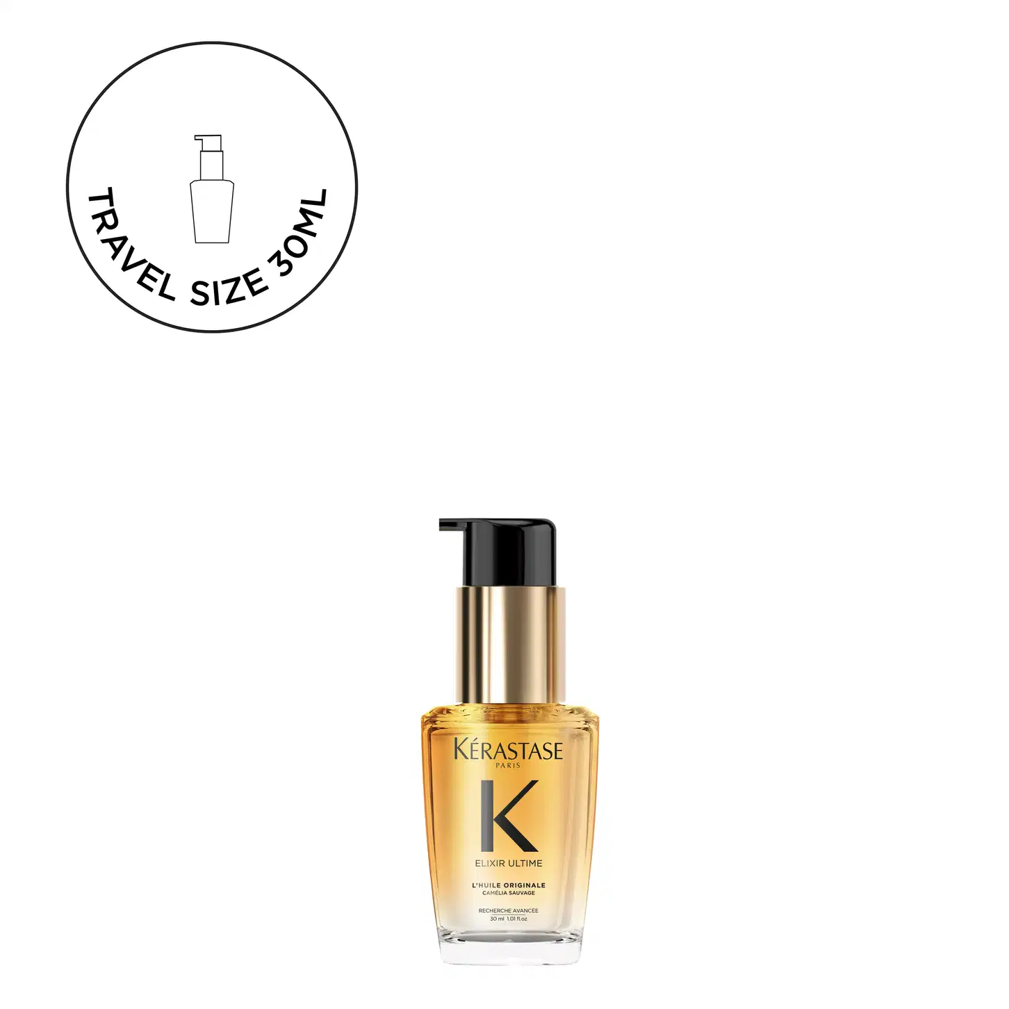 A imagem mostra o frasco do óleo capilar elixir ultime de Kérastase e uma ilustração acima que indica que é um produto travel size 30ml.