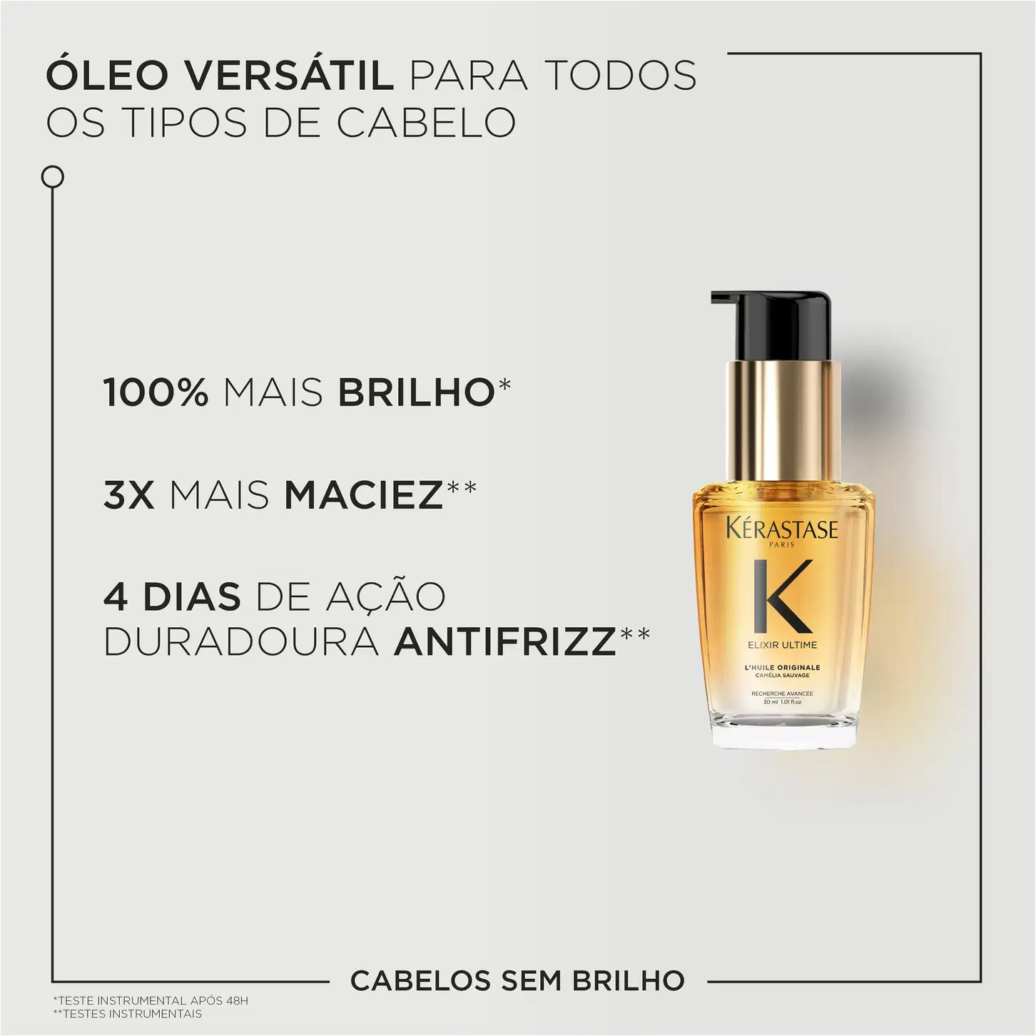 A imagem mostra o frasco do óleo e destaca benefícios como: versátil para todos os tipos de cabelo, 100% mais brilho, 3x mais maciez e 4 dias de ação duradoura antifrizz.