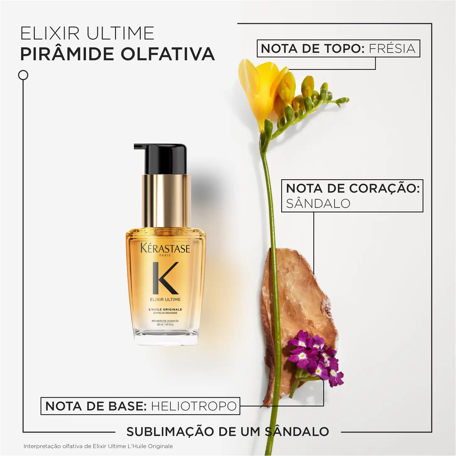 A imagem mostra o frasco do óleo e descreve sua pirâmide olfativa, nota de topo: frésia, nota de base: heliotropo, nota de coração: sândalo.