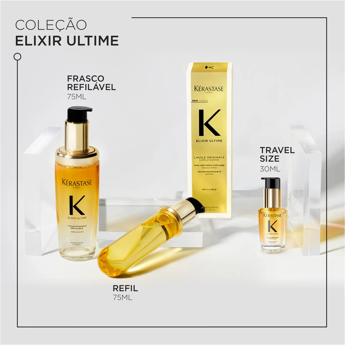A imagem mostra a coleção Elixir Ultime da marca Kérastase, que inclui os seguintes produtos:
Um frasco refilável de 75ml, um frasco menor de 30ml, identificado como Travel Size, um refil de 75ml e caixa dos produtos. Todos são dourados com letras pretas.
