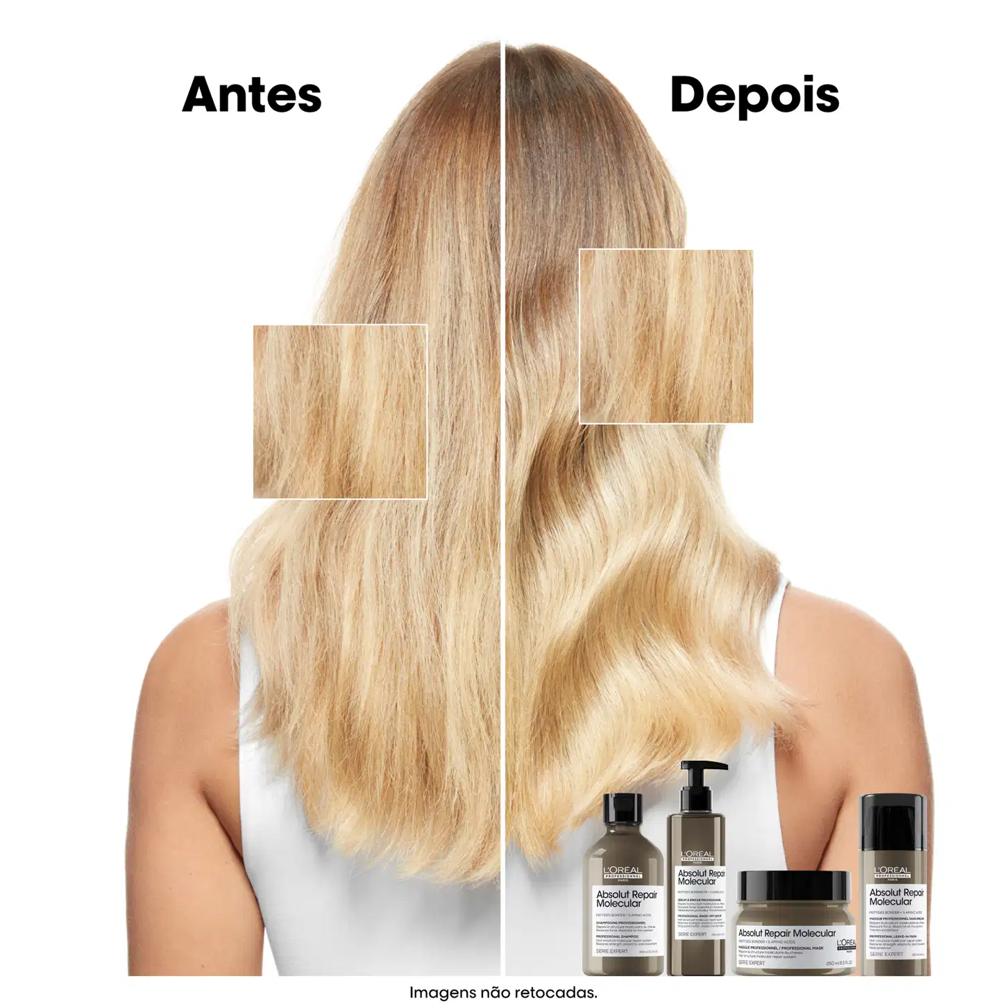 A imagem é um comparativo de Antes e Depois de usar a linha Absolut Repair Molecular. No Antes, o cabelo aparece opaco, com tonalidades mais acastanhadas e danificadas. No Depois, o cabelo está muito mais brilhante, com um tom loiro vibrante e saudável.