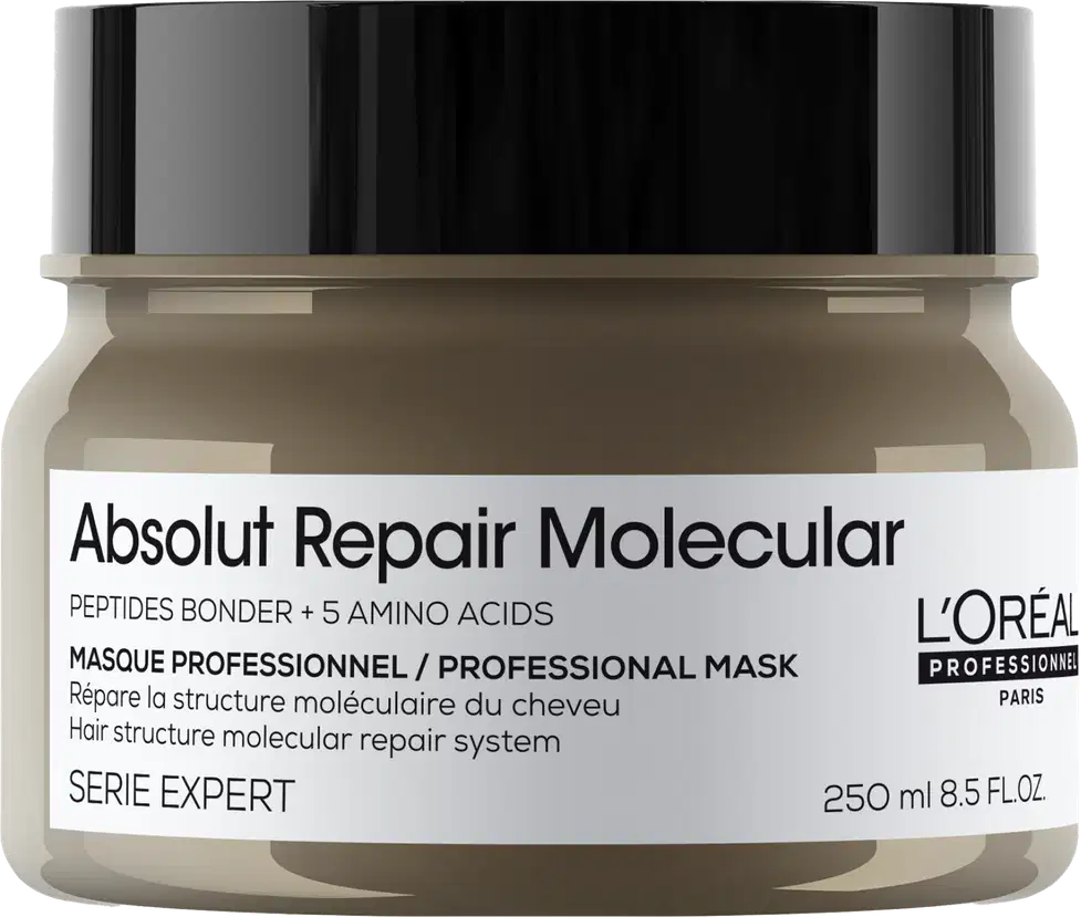A imagem mostra a máscara capilar da marca L'Oréal Professionnel da linha Absolut Repair Molecular", indicada para reparar a estrutura molecular dos cabelos. O frasco é marrom com uma tampa preta e rótulo branco.