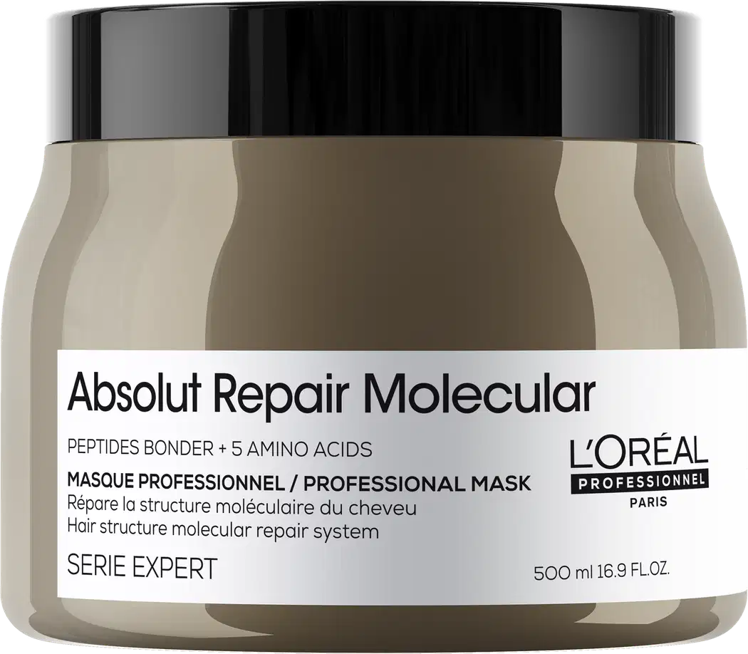 A imagem mostra a máscara capilar da marca L'Oréal Professionnel da linha Absolut Repair Molecular", indicada para reparar a estrutura molecular dos cabelos. O frasco é marrom com uma tampa preta e rótulo branco.