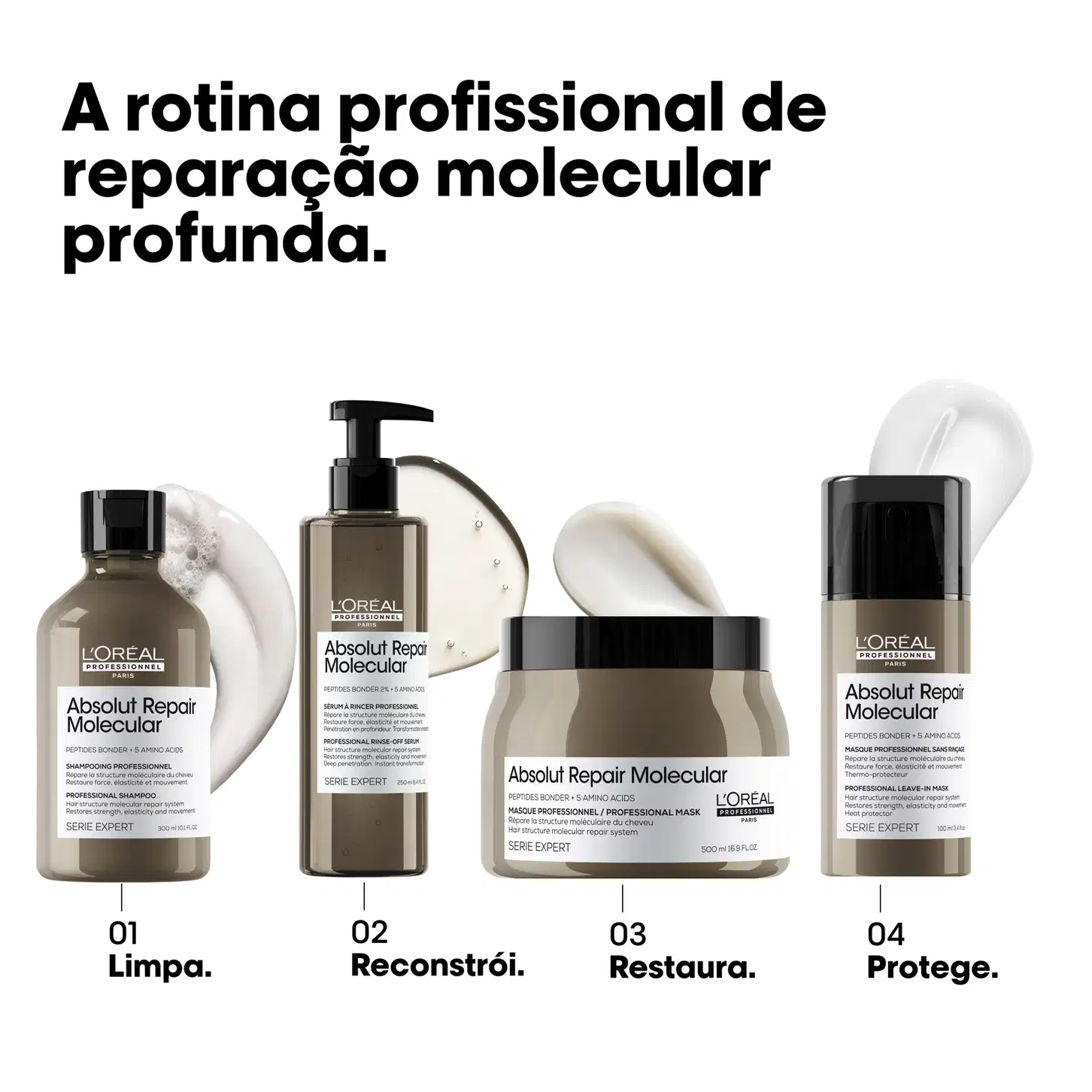A linha de produtos Absolut Repair Molecular da L'Oréal Professionnel inclui shampoo, reconstrutor, máscara e protetor capilar em embalagens pretas e brancas com detalhes em cinza. Os produtos prometem reparação molecular profunda para o cabelo.