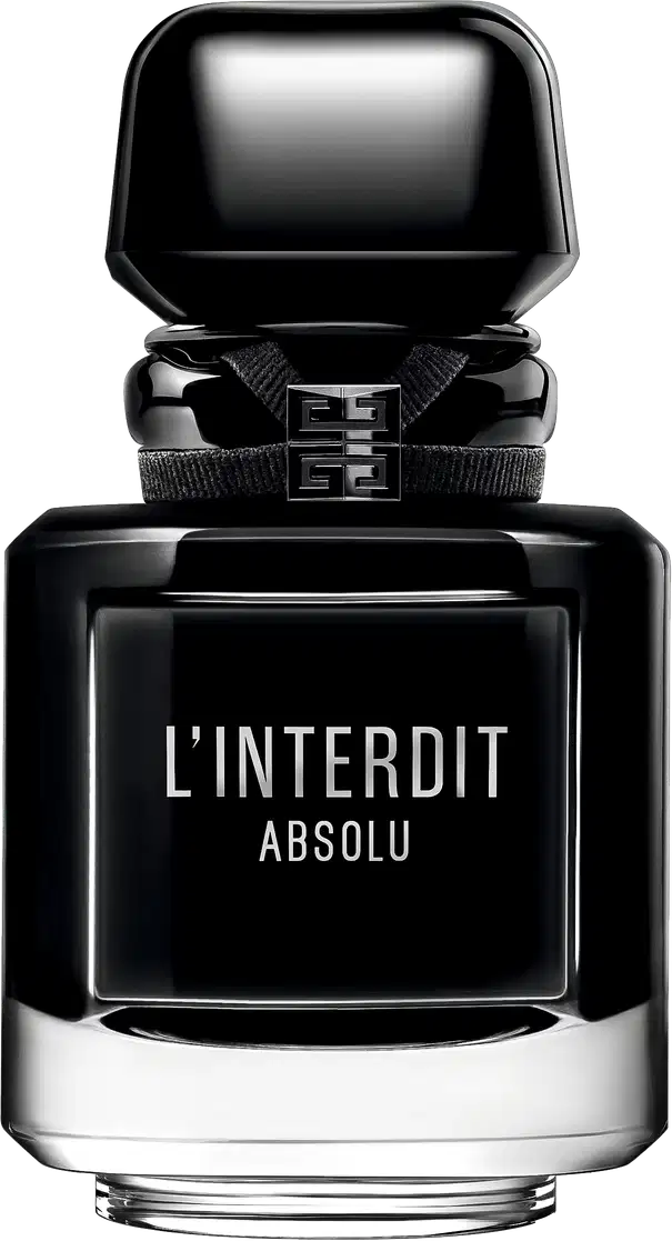 A imagem mostra o frasco do perfume L'Interdit Absolu. É um frasco de vidro preto reluzente, como uma joia, quadrado angulado com detalhes em prata na parte inferior e superior. A tampa do frasco é preta e retangular angulada.
