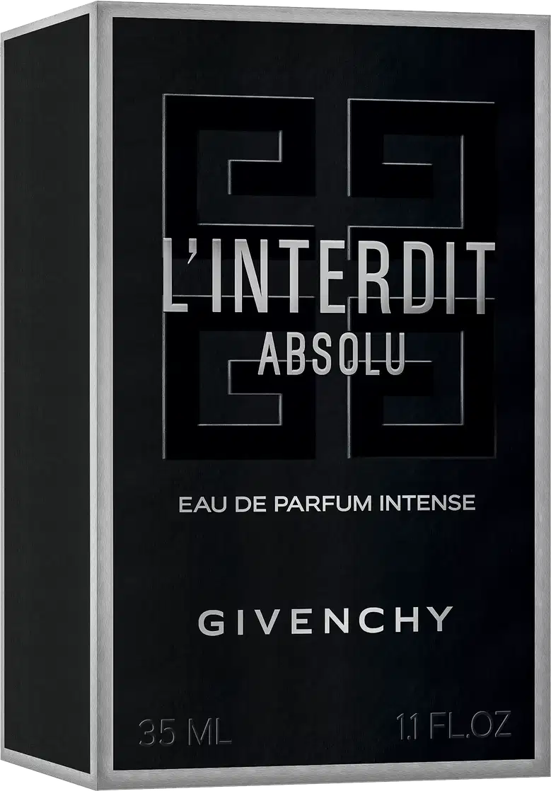 A imagem mostra a caixa do perfume de Givenchy, o L'Interdit Absolu Eau de Parfum Intense. A caixa é preta e tem um design minimalista e elegante, com o nome do perfume e da marca apresentados em letras brancas em negrito contra o fundo preto.
