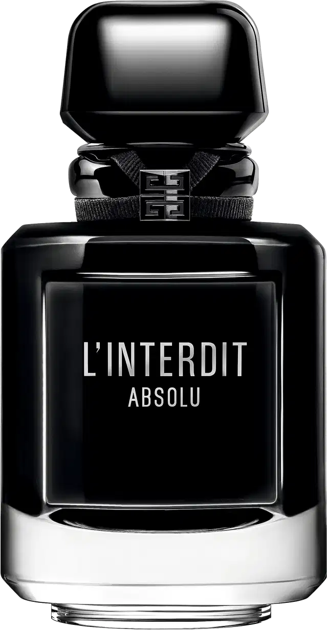 A imagem mostra o frasco do perfume L'Interdit Absolu. É um frasco de vidro preto reluzente, como uma joia, quadrado angulado com detalhes em prata na parte inferior e superior. A tampa do frasco é preta e retangular angulada.