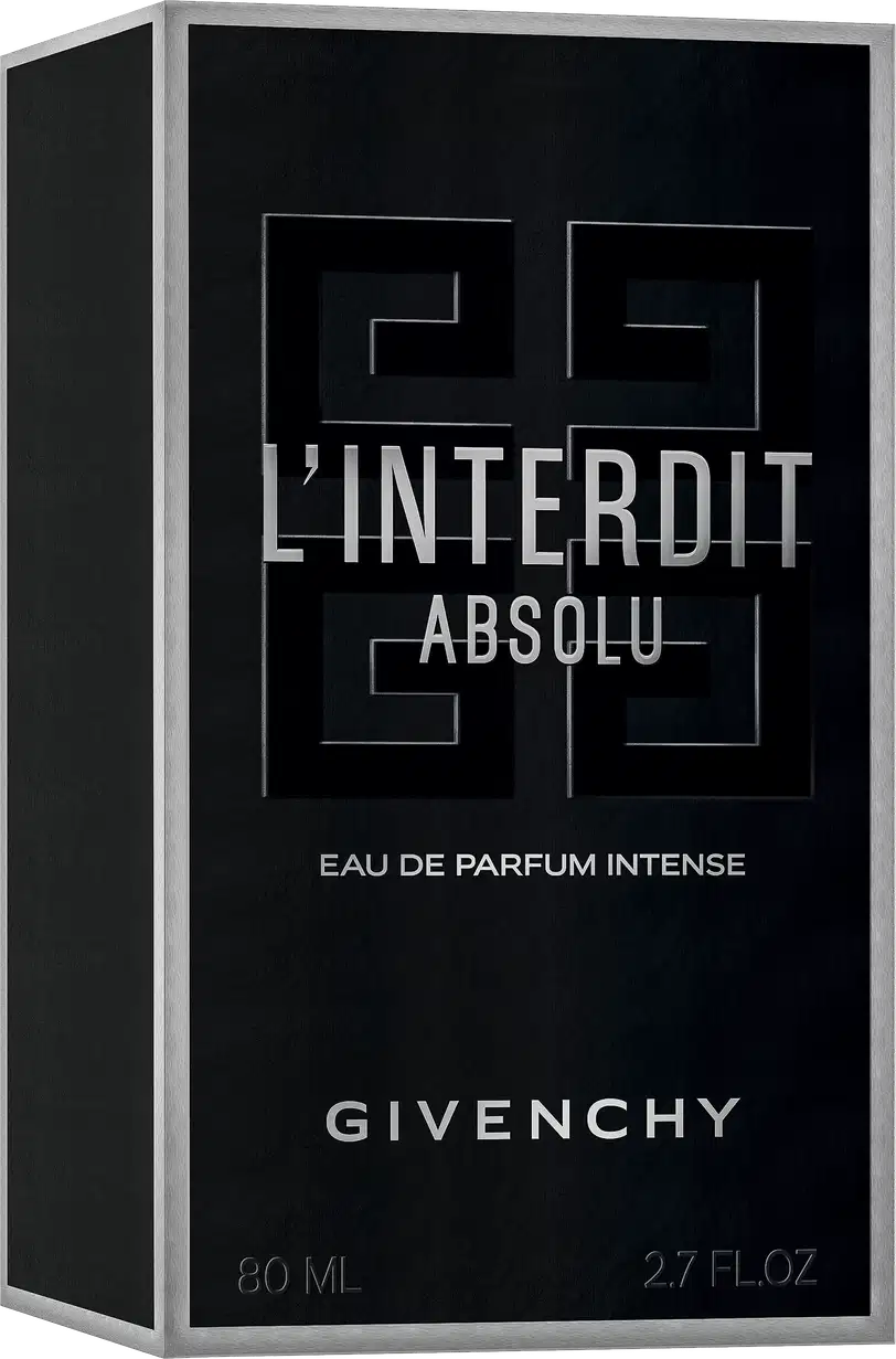 A imagem mostra a caixa do perfume de Givenchy, o L'Interdit Absolu Eau de Parfum Intense. A caixa é preta e tem um design minimalista e elegante, com o nome do perfume e da marca apresentados em letras brancas em negrito contra o fundo preto.