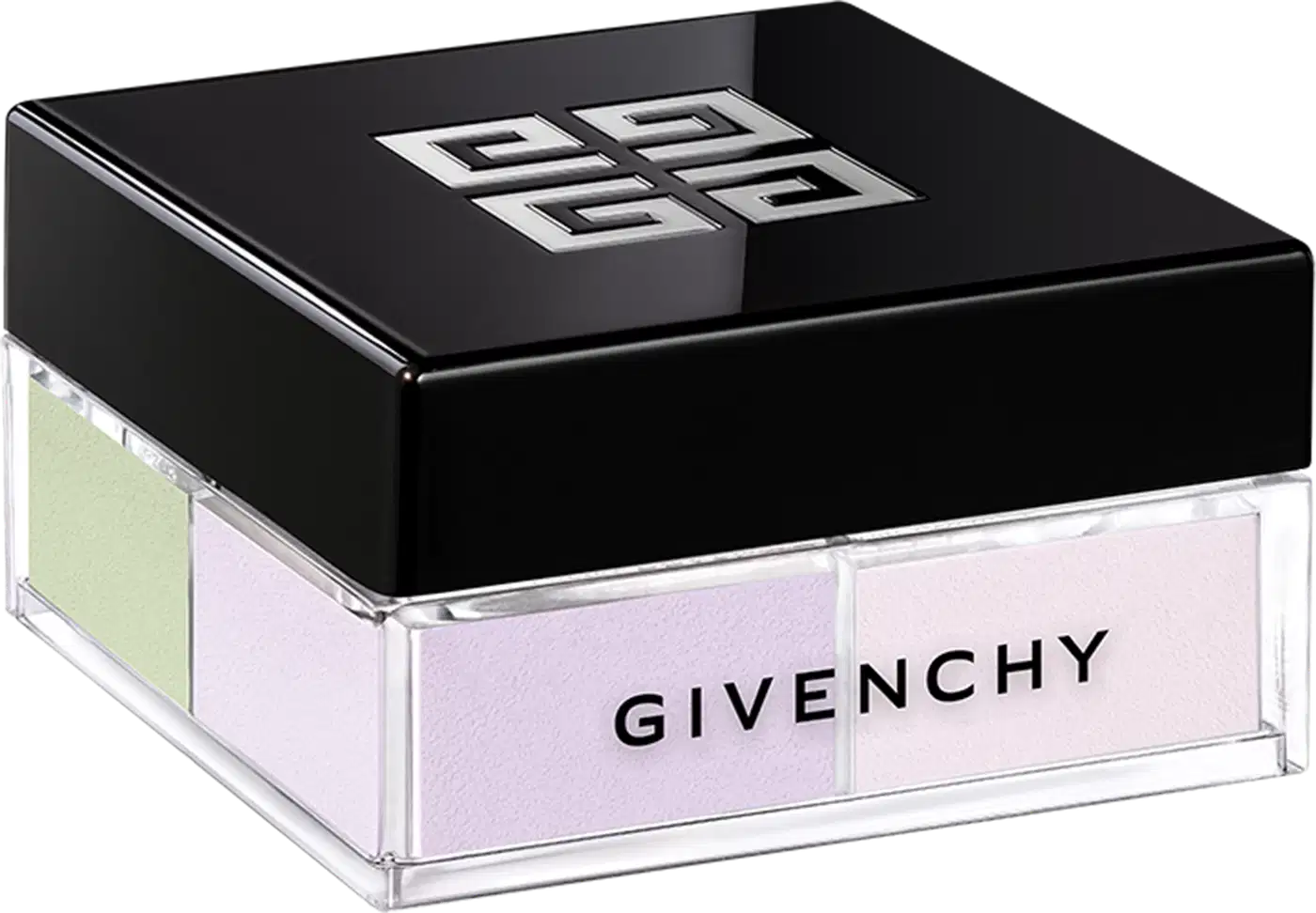 A imagem mostra o pó solto de Givenchy. É uma caixa preta elegante, com o logotipo da marca em relevo na tampa superior. A caixa é retangular e possui uma base transparente de acrílico que permite ver as cores suaves de verde, lilás e rosa.