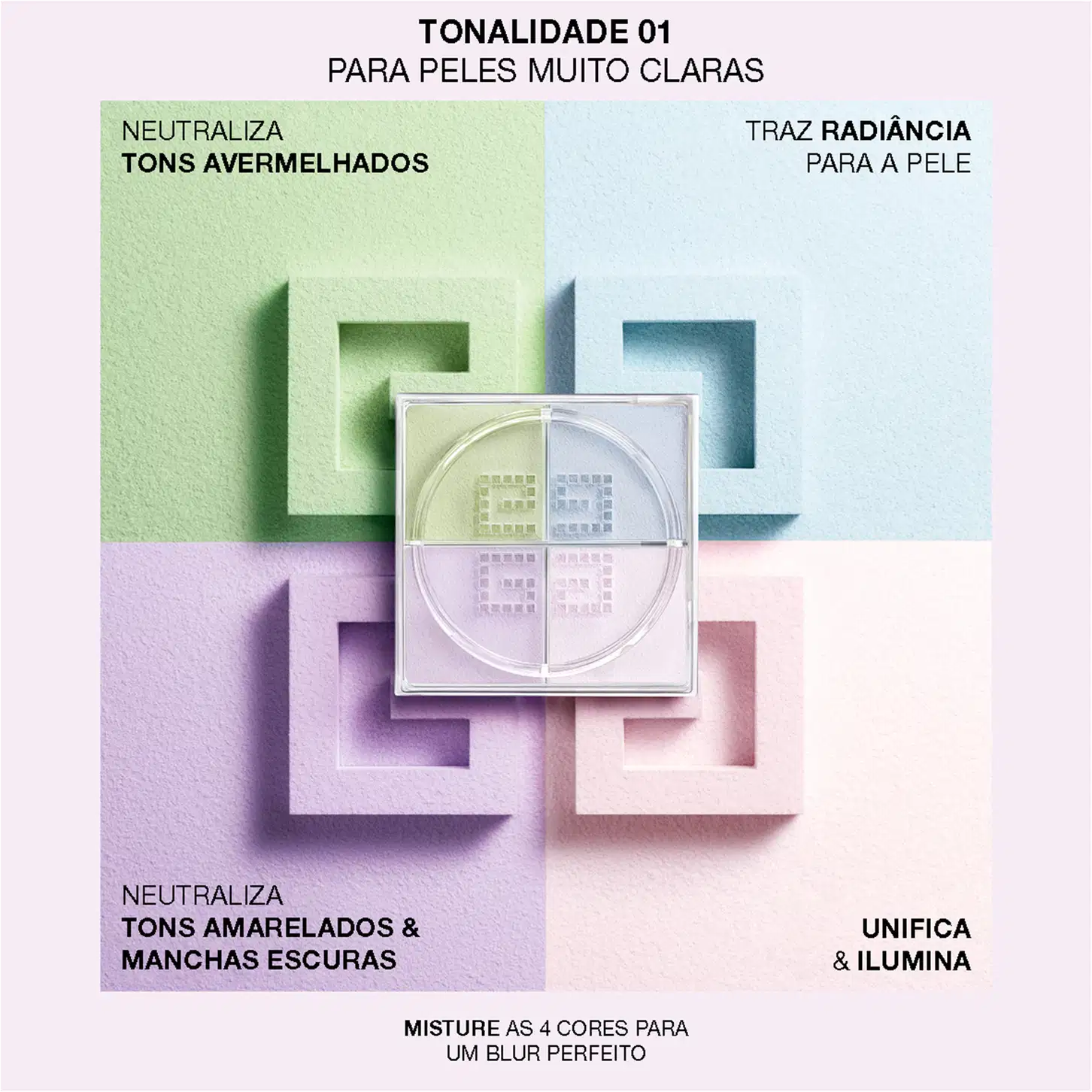 A imagem mostra as cores da TONALIDADE 01 PARA PELES MUITO CLARAS do pó solto. Em verde, indica que Neutraliza Tons Avermelhados. Azul que Traz Radiância. Lilás afirma que Neutraliza Tons Amarelados & Manchas Escuras. Em rosa que Unifica & Ilumina a pele.