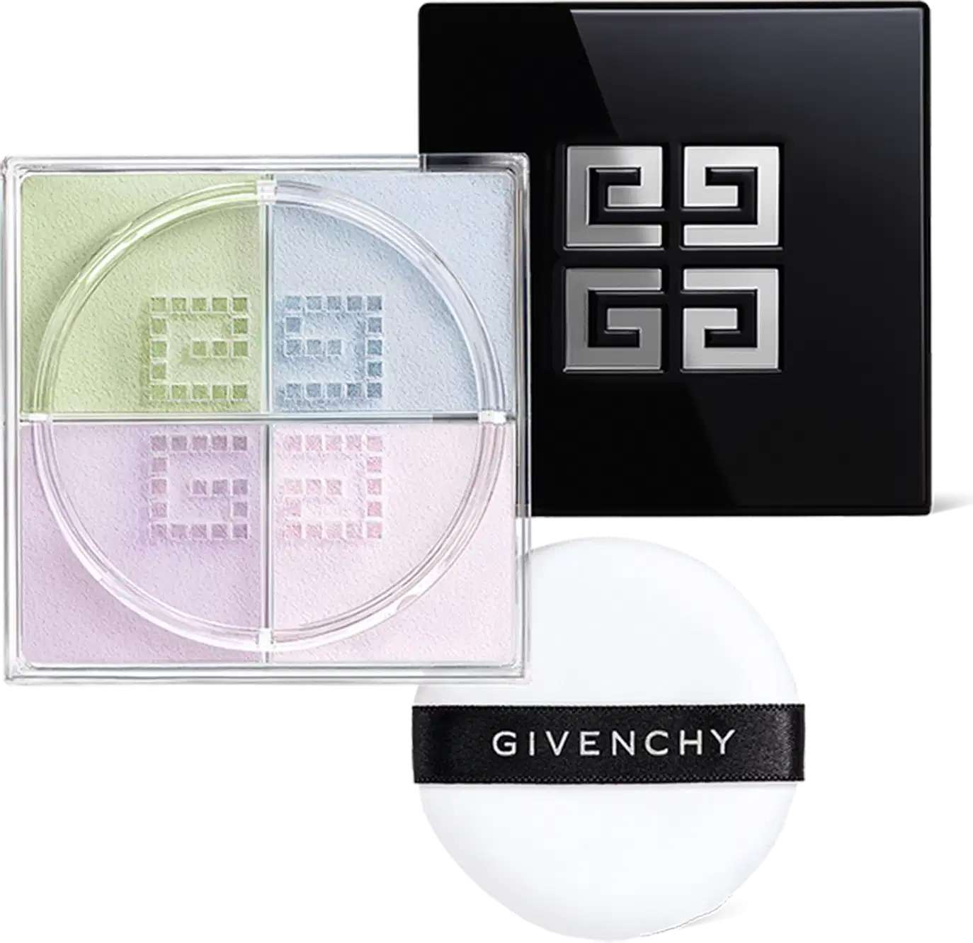 A imagem mostra os elementos da embalagem do pó solto. Tem a paleta quadrada com pó nas cores verde, azul, lilás e rosa. A tampa preta com o logotipo da Givenchy. Há também a esponja de aplicar, é branca e redonda com o nome "Givenchy" impresso.
