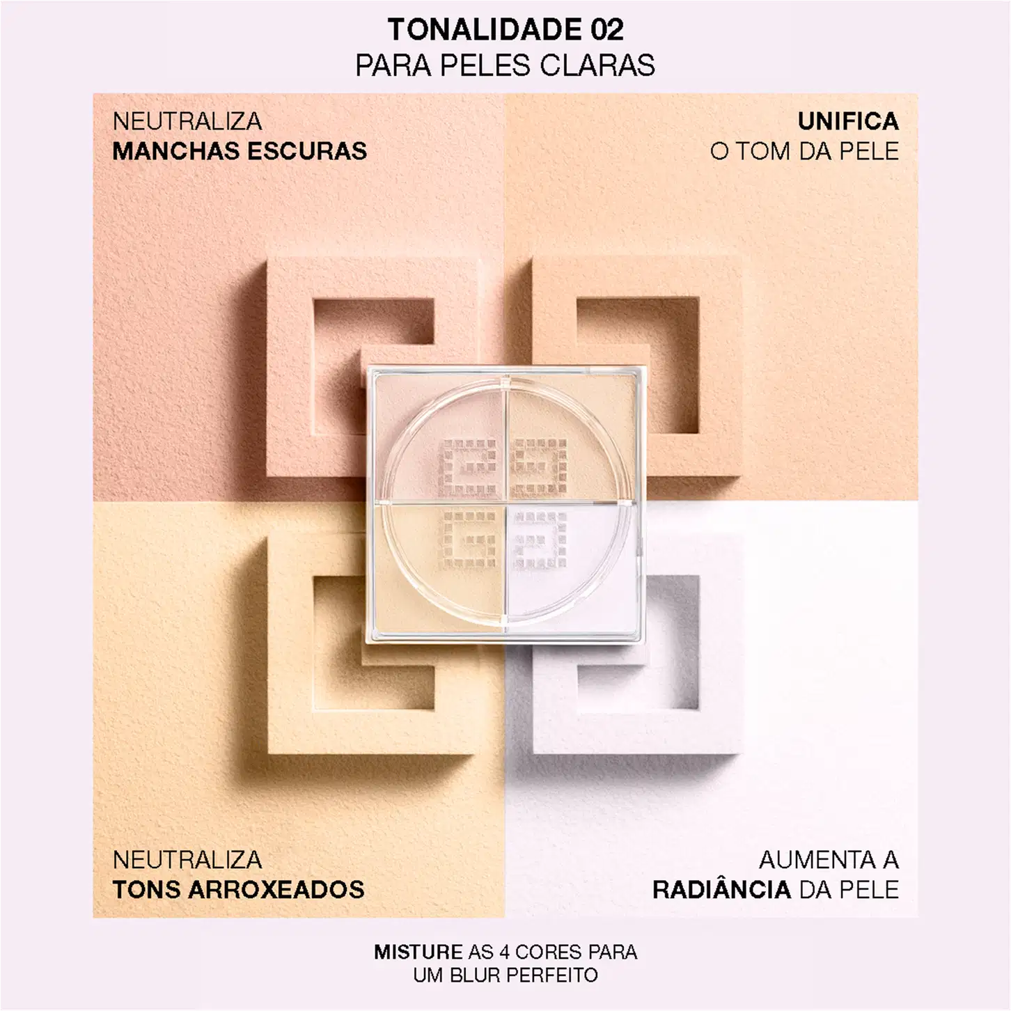 A imagem mostra as cores da TONALIDADE 02 PARA PELES CLARAS do pó solto. Os tons indicam: neutraliza Manchas Escuras, Tons Arroxeados. Além de tons para unificar e aumentar a radiância da pele.