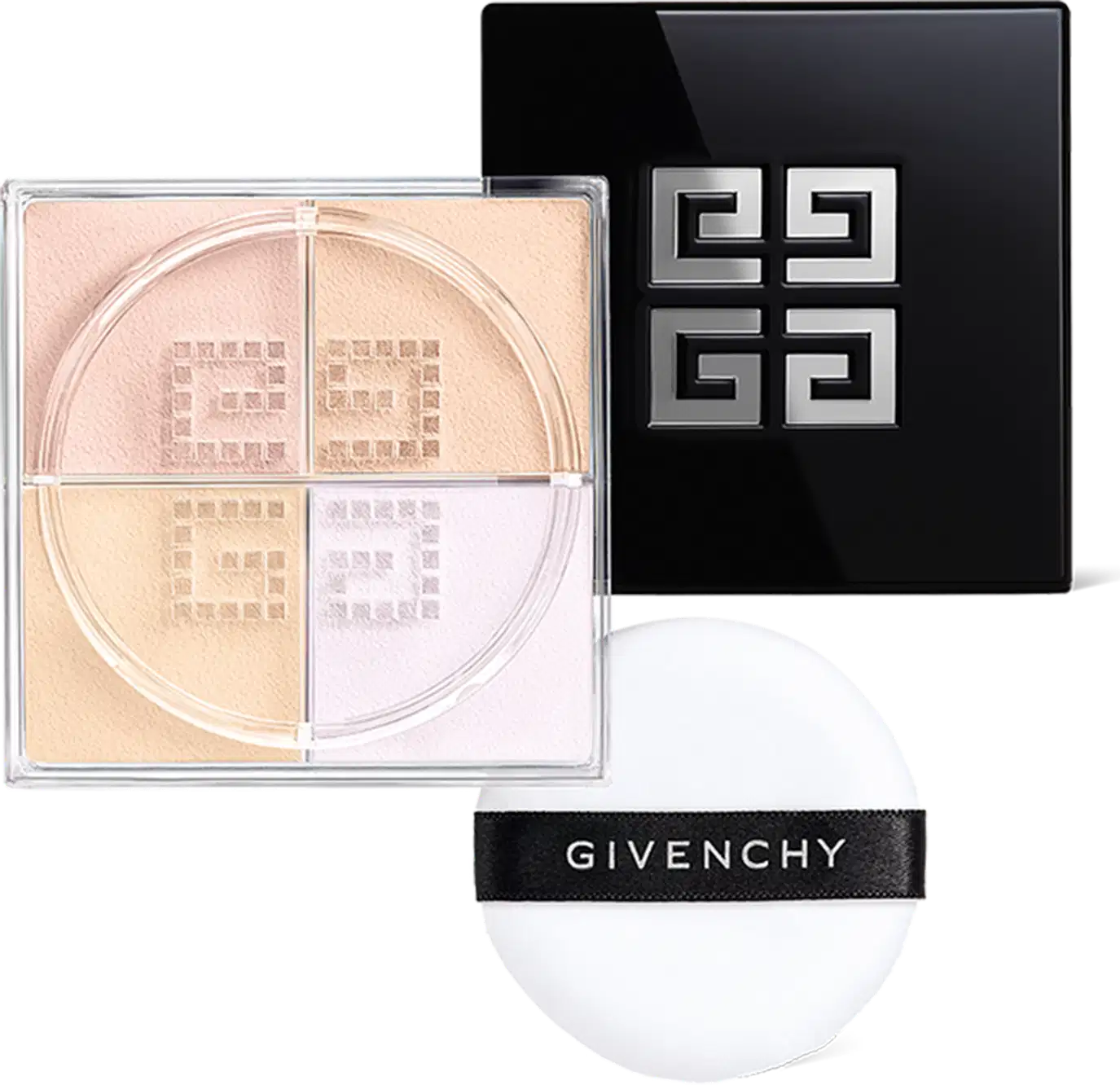 A imagem mostra os elementos da embalagem do pó solto. Tem a paleta quadrada com pó nas cores nudes, amarelados e branco. A tampa preta com o logotipo da Givenchy. Há também a esponja de aplicar, é branca e redonda com o nome "Givenchy" impresso.