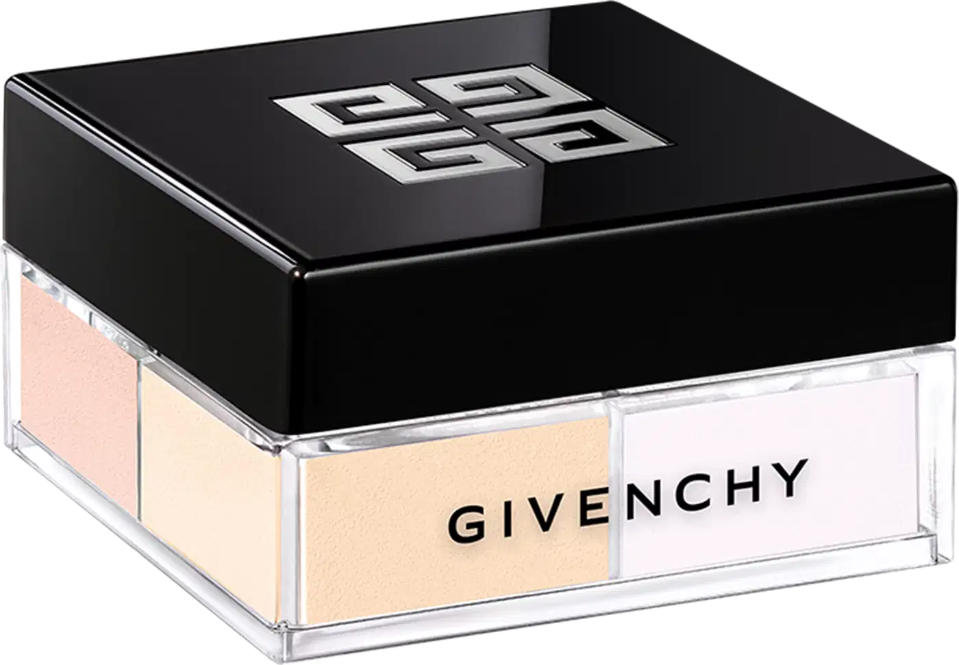 A imagem mostra o pó solto de Givenchy. É uma caixa preta elegante, com o logotipo da marca em relevo na tampa superior. A caixa é retangular e possui uma base transparente de acrílico que permite ver as cores suaves do pó solto.