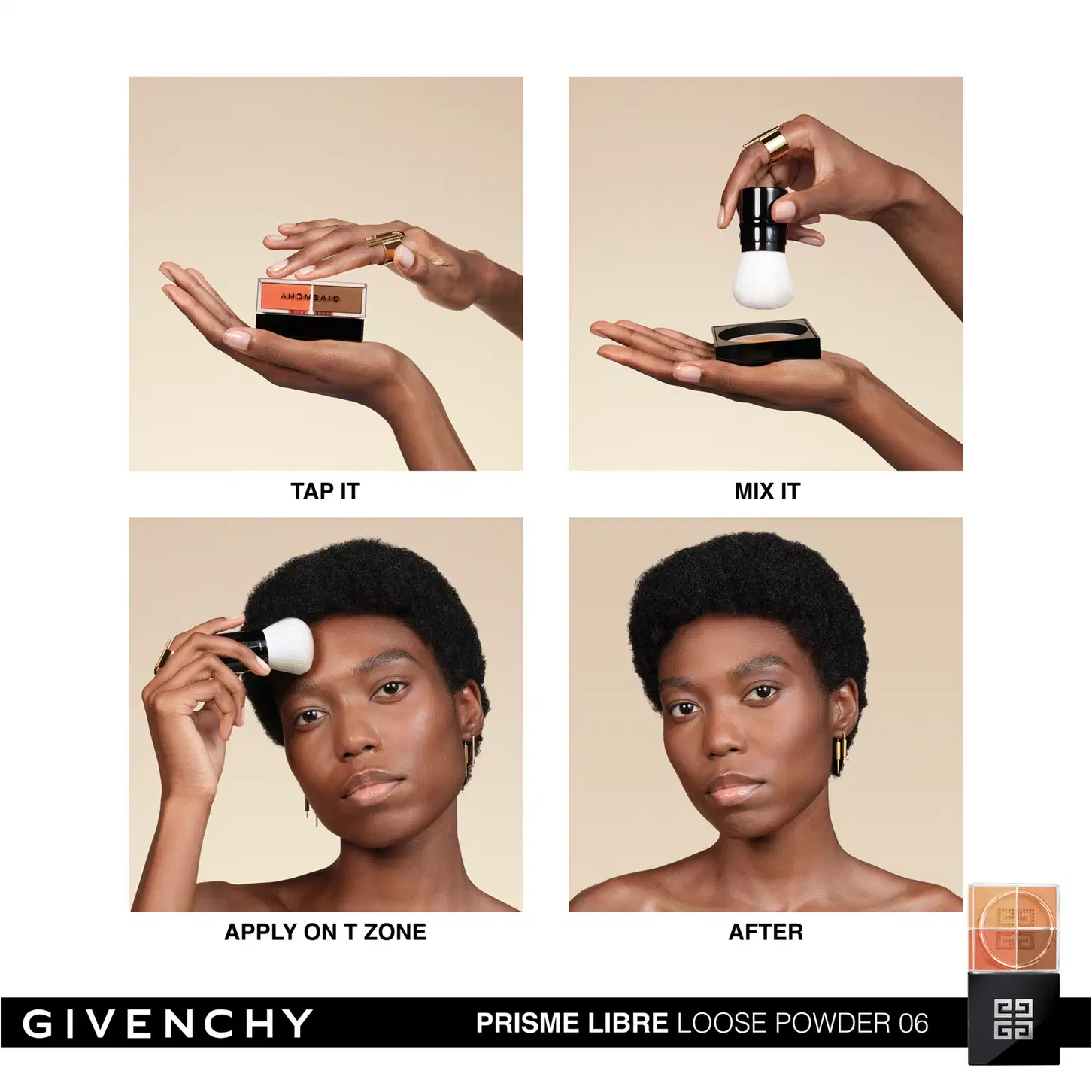 A imagem mostra uma modelo negra ensinando como aplicar o pó solto. 1º bater levemente no produto para soltá-lo; em seguida, misturar o pó com um aplicador; depois, aplicar na zona T do rosto; e por fim, o resultado final da pele matificada e iluminada.