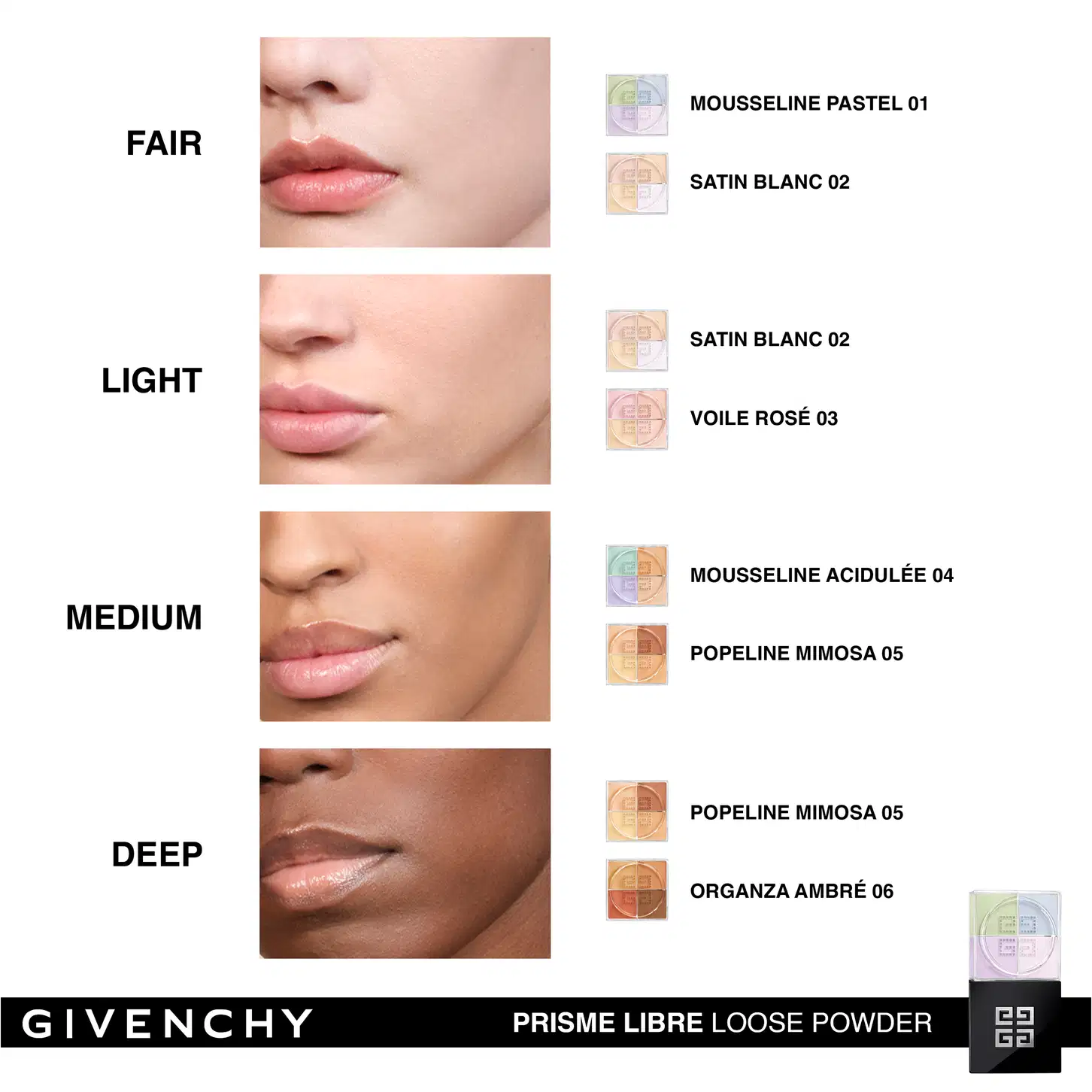 A imagem mostra todos os tons de pó solto e para os tons de pele aos quais são recomendados, da pele com o tom mais claro ao mais escuro.