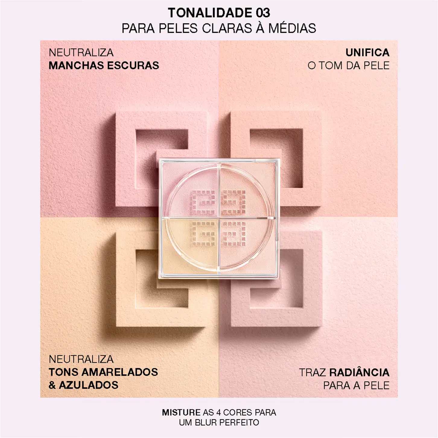 A imagem mostra as cores da TONALIDADE 03 PARA PELES CLARAS À MÉDIAS do pó solto. Os tons indicam: neutraliza Manchas Escuras, Tons Amarelados e Azulados. Além de tons para unificar e trazer radiância da pele.