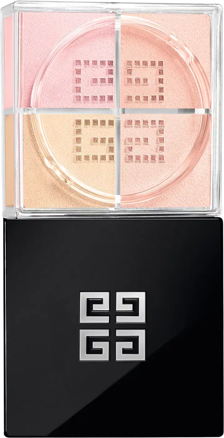 A imagem mostra o pó solto de Givenchy. É uma caixa preta elegante, com o logotipo da marca em relevo na tampa superior. A caixa é retangular e possui uma base transparente de acrílico que permite ver as cores suaves  rosadas e amareladas.