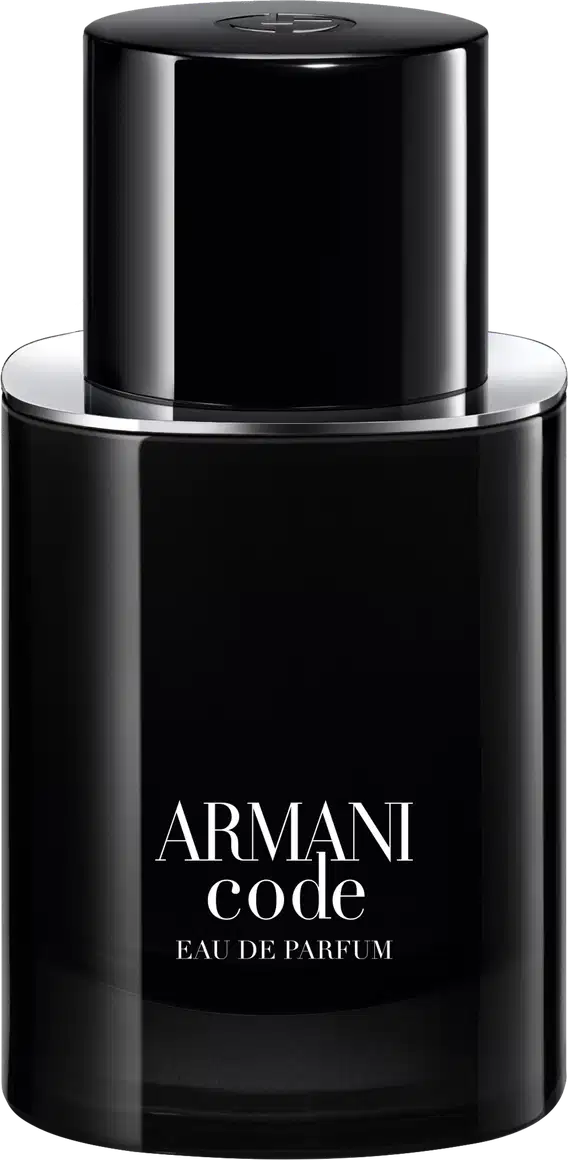 A imagem mostra um frasco cilíndrico preto brilhante, com linhas retas e modernas. No corpo do frasco, está inscrito em letras brancas "ARMANI code EAU DE PARFUM", deixando evidente que é um eau de parfum da linha Code da marca Armani.