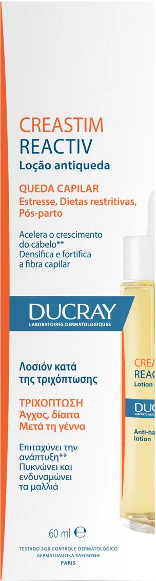 A imagem mostra a caixa do tônico capilar do Creastim Reactiv. A caixa é retangular, branca com detalhes em laranja e azul. As informações no rótulo estão em português e grego.