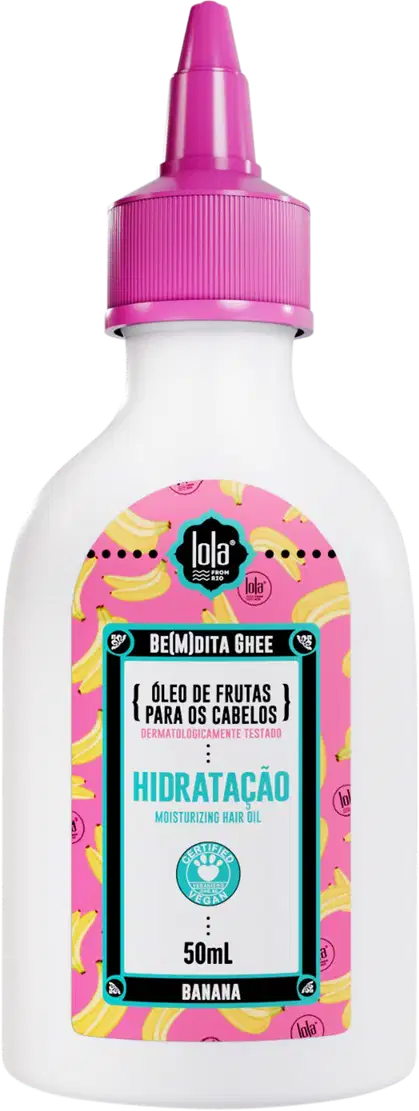 A imagem mostra um frasco plástico branco com tampa rosada e rótulo com fundo rosa e desenhos de banana, além de informações do produto como marca, tipo de produto e, no rodapé do rótulo, a volumetria.