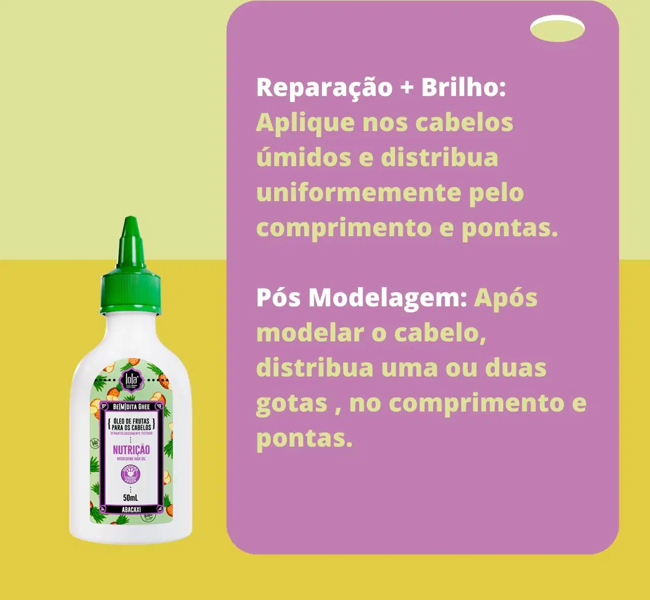 A imagem mostra o produto do lado esquerdo e, num fundo com dois tons de amarelo e, ao lado, um fundo lilás com informações sobre o produto escrito em amarelo.