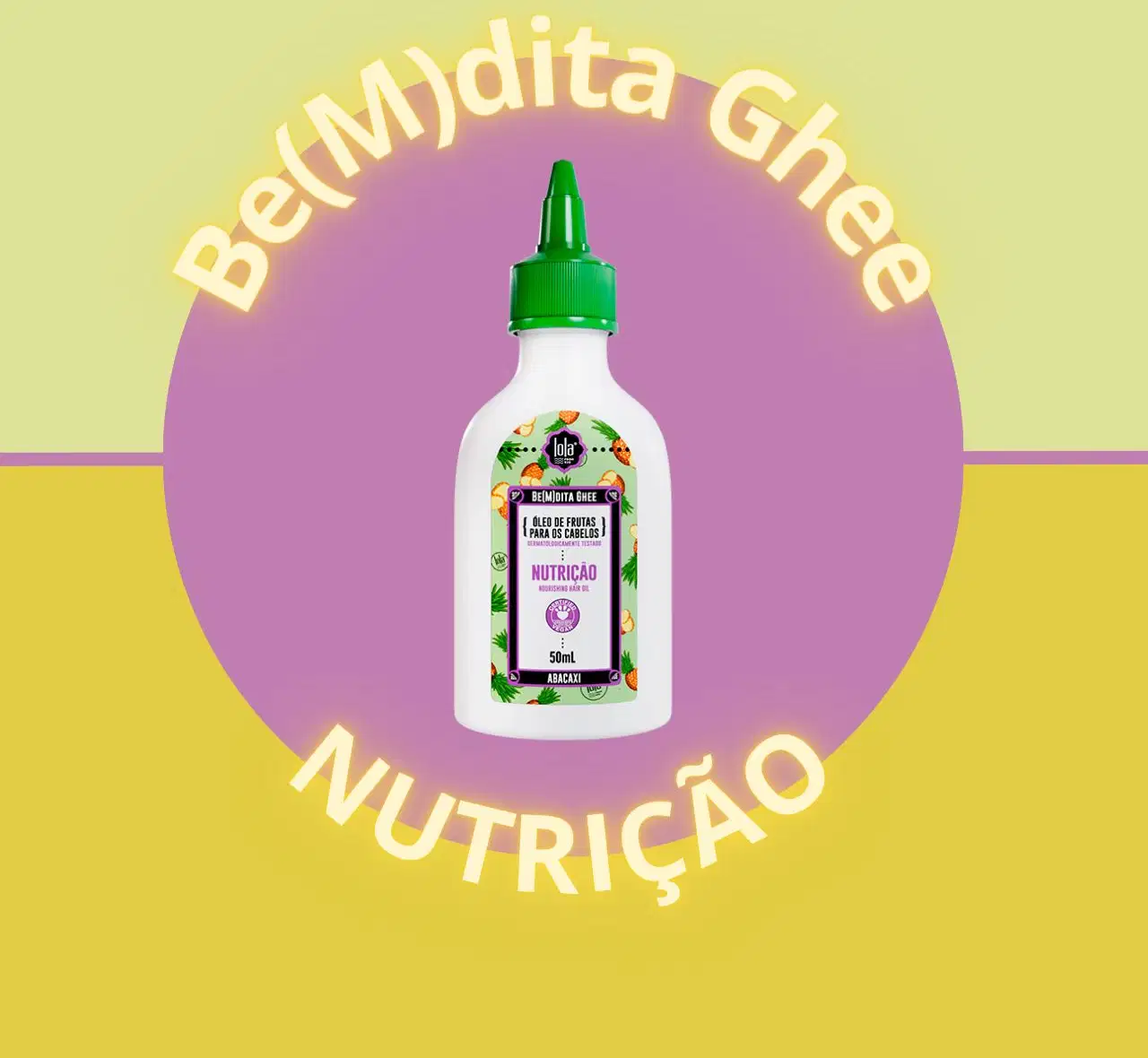 A imagem mostra um fundo separado por uma linha lilás, com dois tons de amarelo, um mais claro e outro abaixo mais escuro. No centro, um círculo lilás com o produto no meio e, em volta o nome da linha e a palavra nutrição.