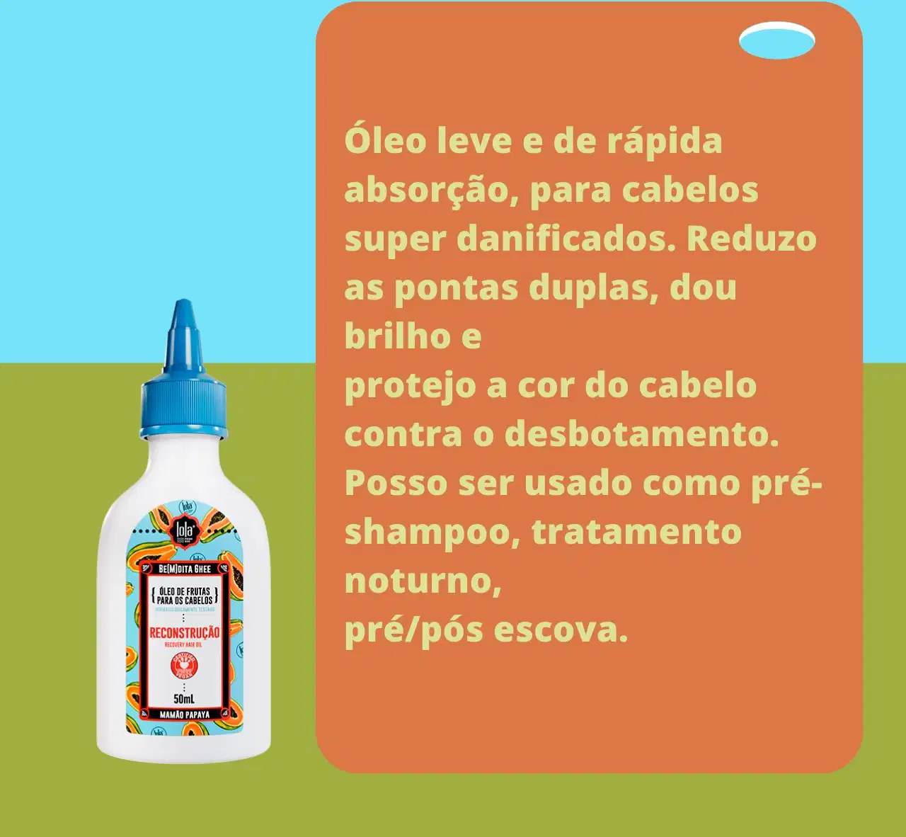 A imagem mostra um fundo com duas cores, azul e verde. Do lado esquerdo, o produto e, do lado direito, com fundo laranja, informações sobre o produto escrito em amarelo.