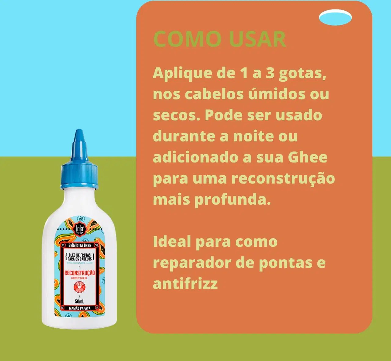 A imagem mostra um fundo com duas cores, azul e verde. Do lado esquerdo, o produto e, do lado direito, com fundo laranja, informações sobre o produto escrito em amarelo.