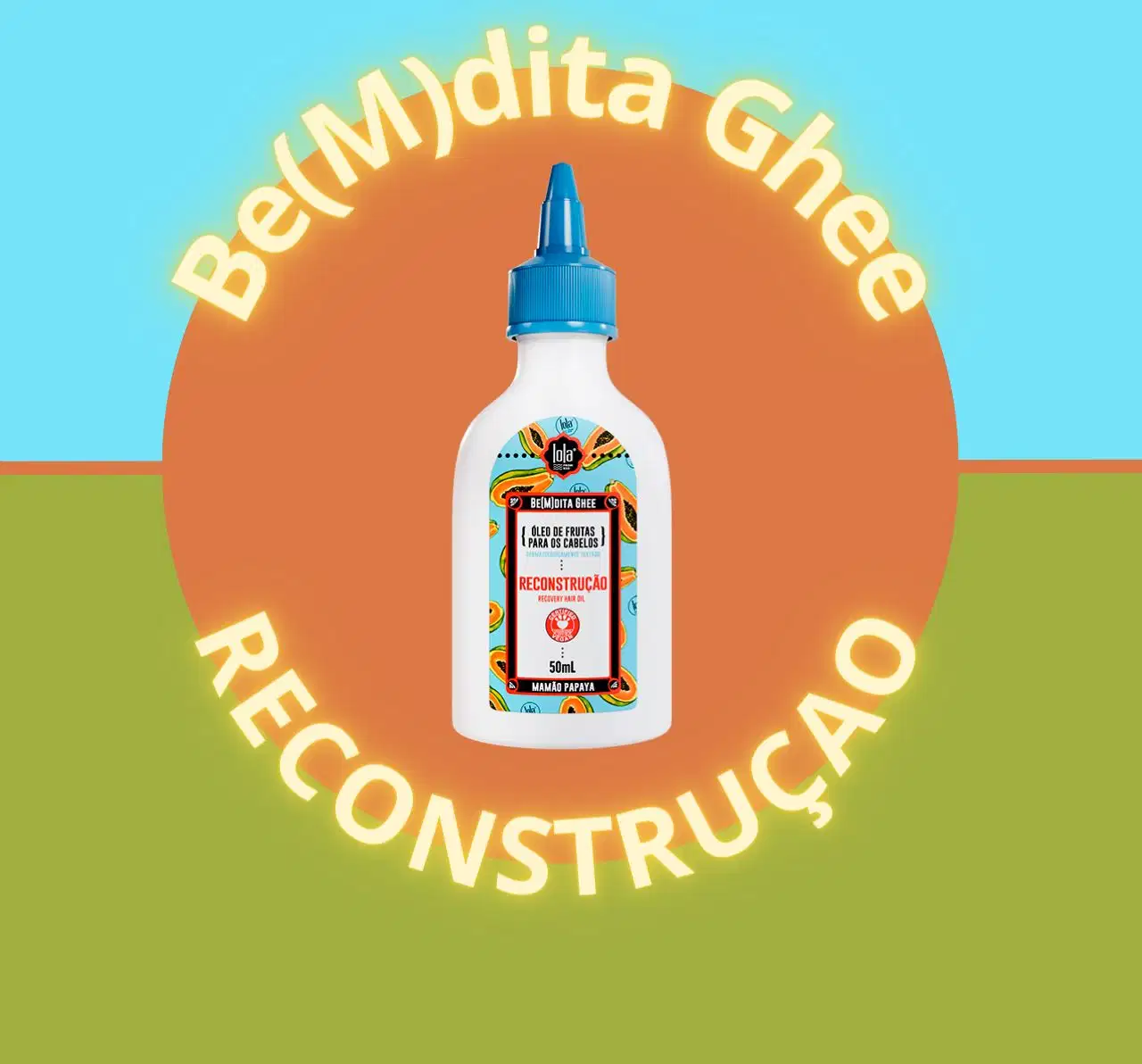 A imagem mostra um fundo separado por uma linha laranja, com duas cores, azul e verde. No centro, um círculo laranja com o produto no meio e, em volta o nome da linha e a palavra reconstrução.