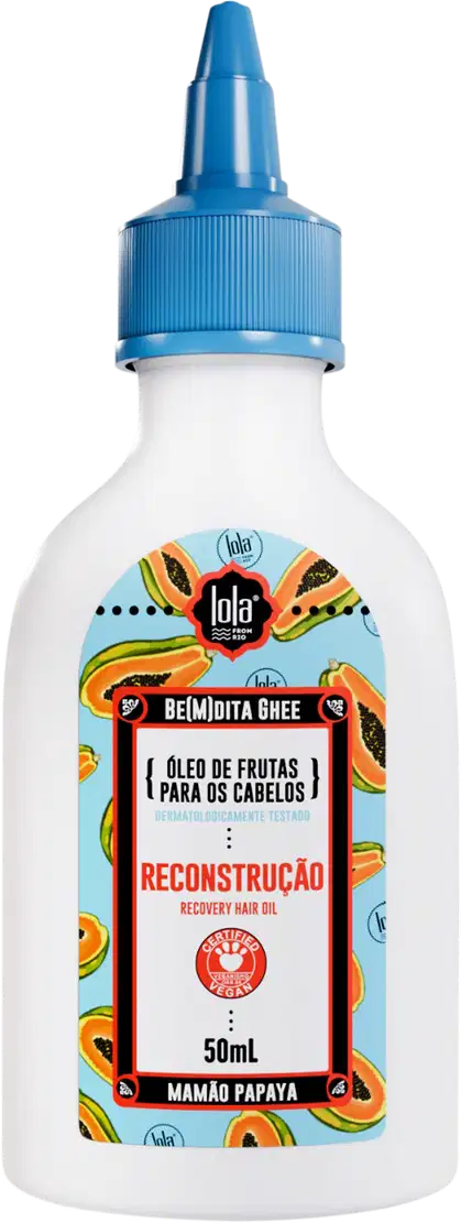 A imagem mostra um frasco plástico branco com tampa azul e rótulo com fundo azul claro e desenhos de mamão, além de informações do produto como marca, tipo de produto e, no rodapé do rótulo, a volumetria.