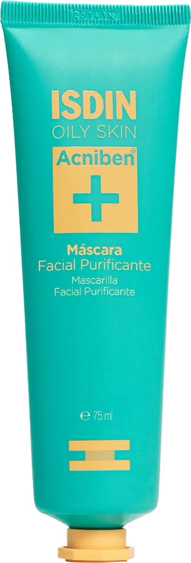 O tubo é de plástico na cor verde água. Na frente, há o logotipo Isdin e o nome do produto "Acniben" em letras amarelas, além de informações como "Máscara Facial Purificante" e o volume de 75ml. O tubo tem detalhes em amarelo que complementam o design.