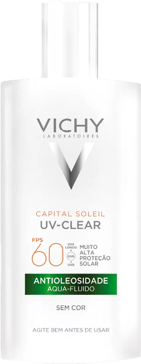 Embalagem em frasco plástico branco opaco. Rótulo frontal com o logotipo Vichy e o nome do produto "Capital Soleil UV-Clear" em letras cinza. Indicação de FPS 60 e descrição "Antioleosidade Aqua-Fluido Sem Cor".
