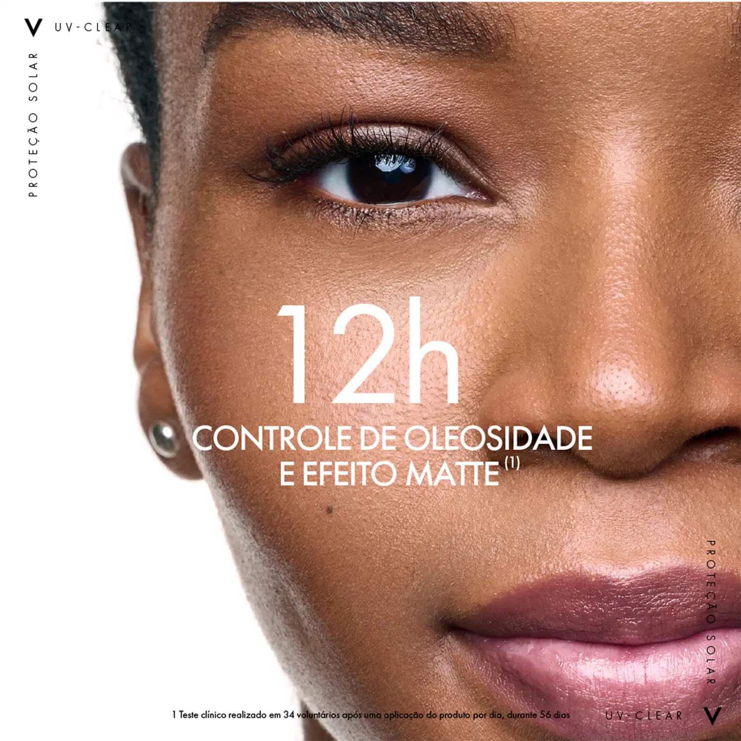 Rosto da modelo feminina de pele negra com o texto: "12h de controle de oleosidade e efeito matte".