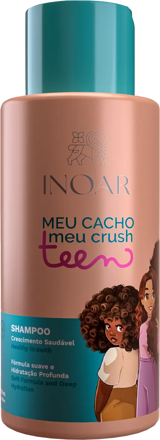 A imagem mostra o Shampoo Inoar Meu Cacho Meu Crush Teen 500ml em embalagem cilíndrica de plástico, com tons de rosa, roxo e verde. Traz ilustração de meninas com cabelos cacheados. O rótulo exibe a descrição Shampoo - Fórmula suave e Hidratação Profunda.