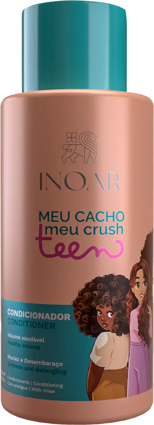 A imagem mostra o Condicionador Meu Cacho Meu Crush Teen da marca Inoar. Embalagem plástica cilíndrica com tampa verde. A cor predominante é um tom rosado na parte inferior com ilustrações de duas meninas de cabelos cacheados.