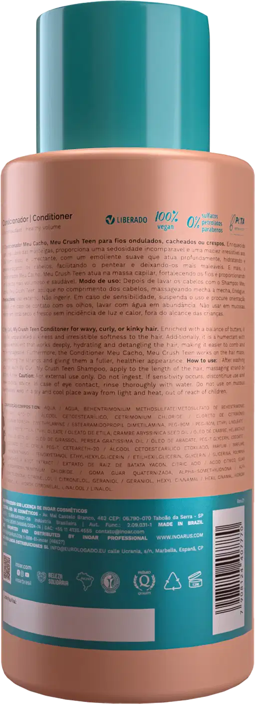 A imagem mostra a parte de trás da embalagem do Condicionador Inoar Meu Cacho, Meu Crush Teen 500ml. Há texto em português e inglês com informações sobre o produto e instruções de uso.