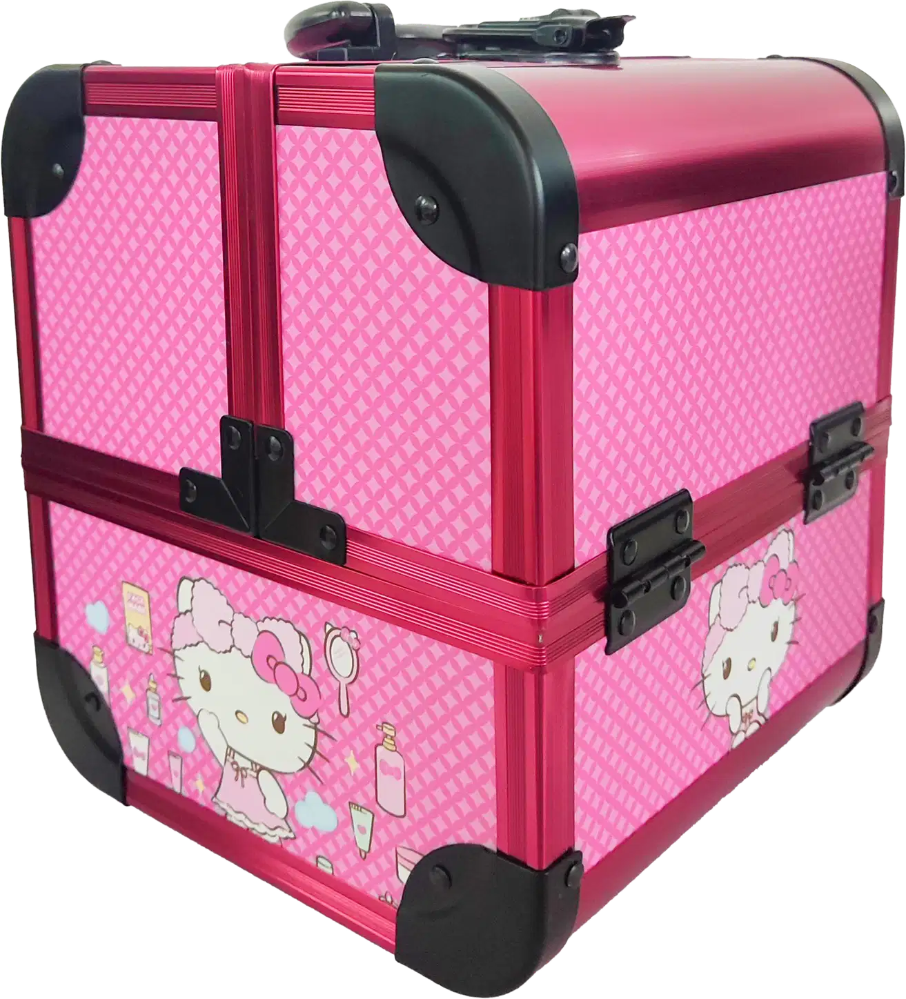 Apresenta a mesma imagem anterior, mas com um ângulo na diagonal, enfatizando a Hello Kitty ilustrada na lateral, rodeada de produtos de beleza.