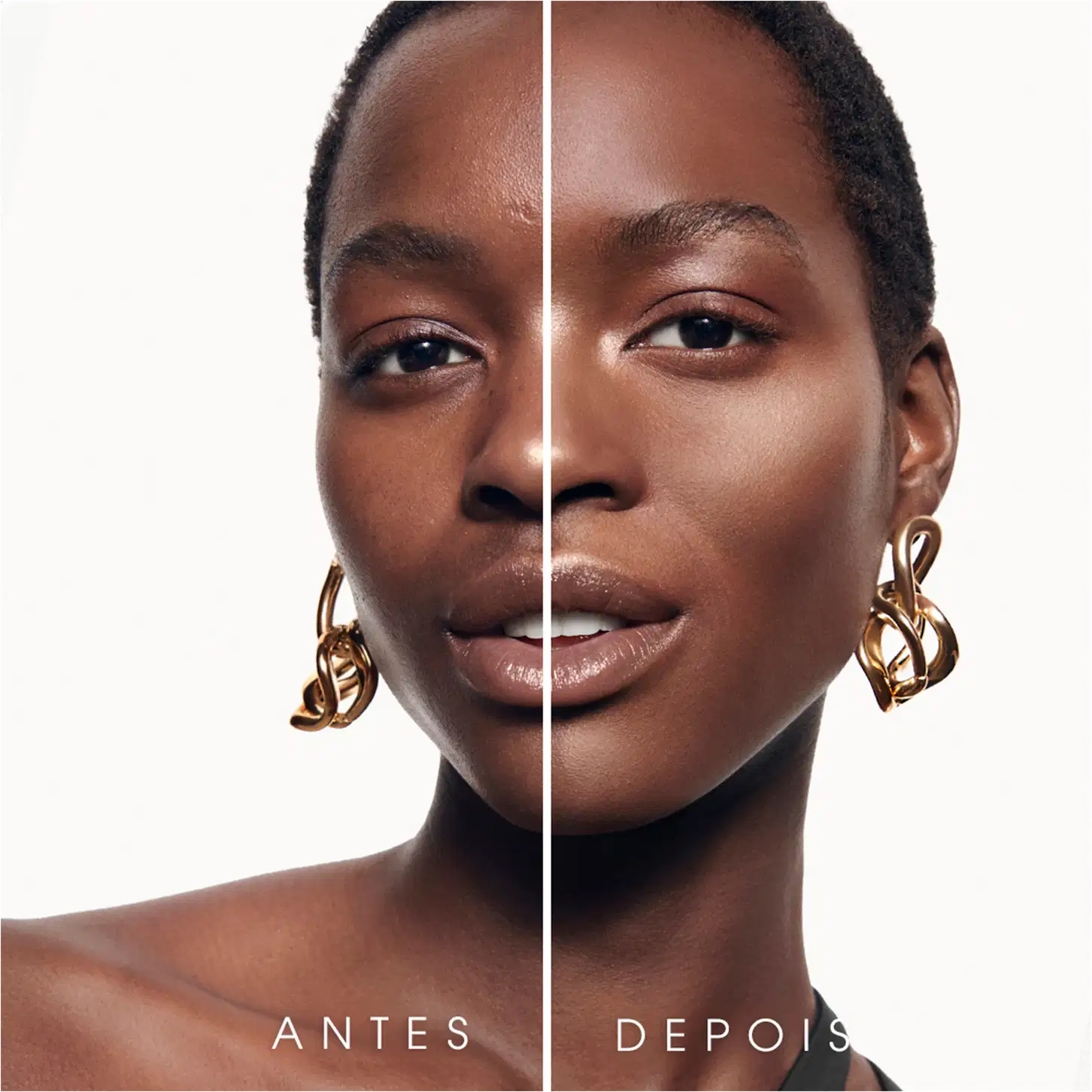 Esta imagem apresenta uma comparação antes e depois do uso do iluminador.  Na parte do "Antes" temos uma uma mulher de pele negra com algumas imperfeições. Na parte "Depois", a mesma mulher é retratada com uma pele mais uniforme e brilhante.