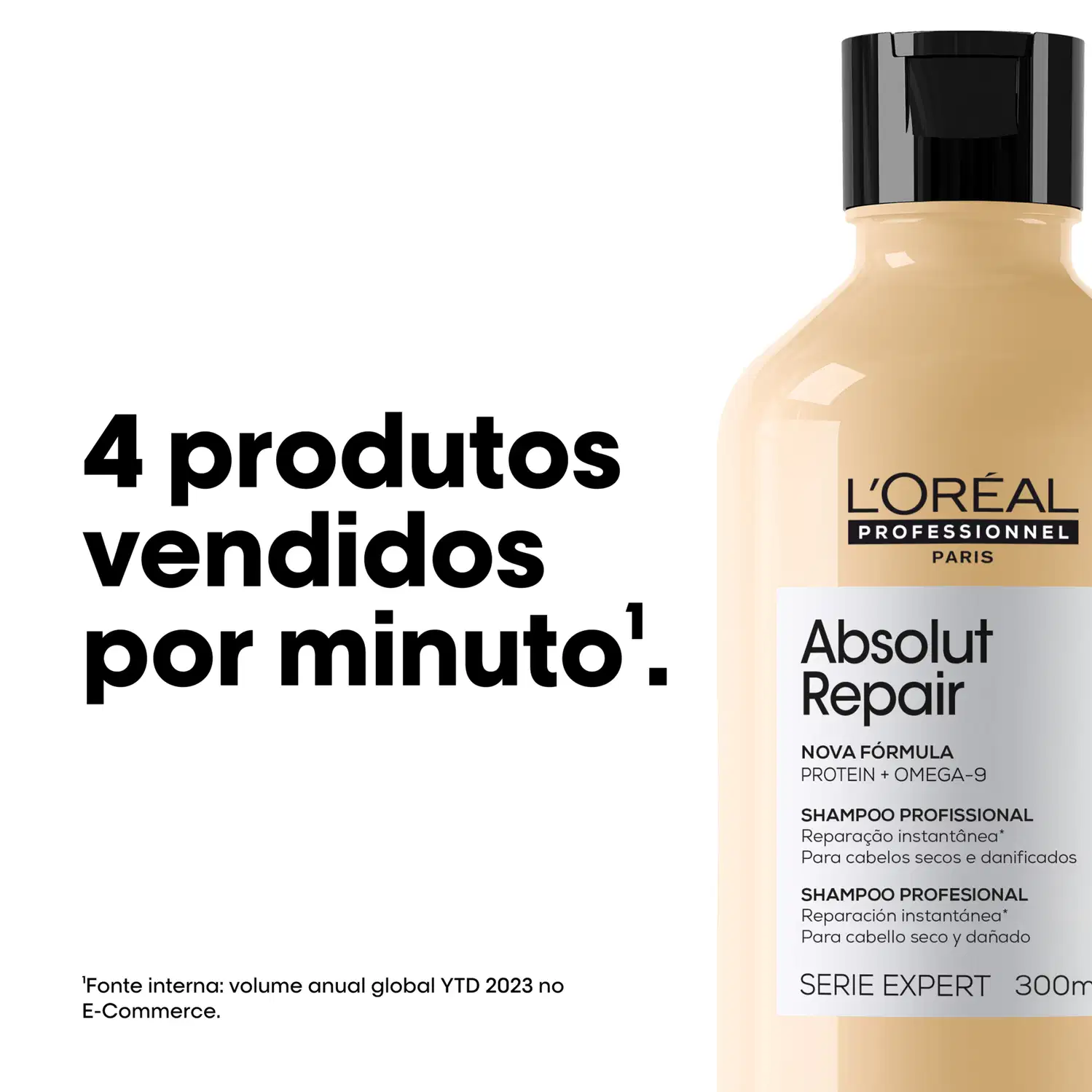 Frasco da marca L'Oréal Professionnel, com o nome "Absolut Repair" e informações sobre o produto, incluindo "Nova fórmula Protein + Omega-9" e "Shampoo profissional para cabelo seco e danificado".