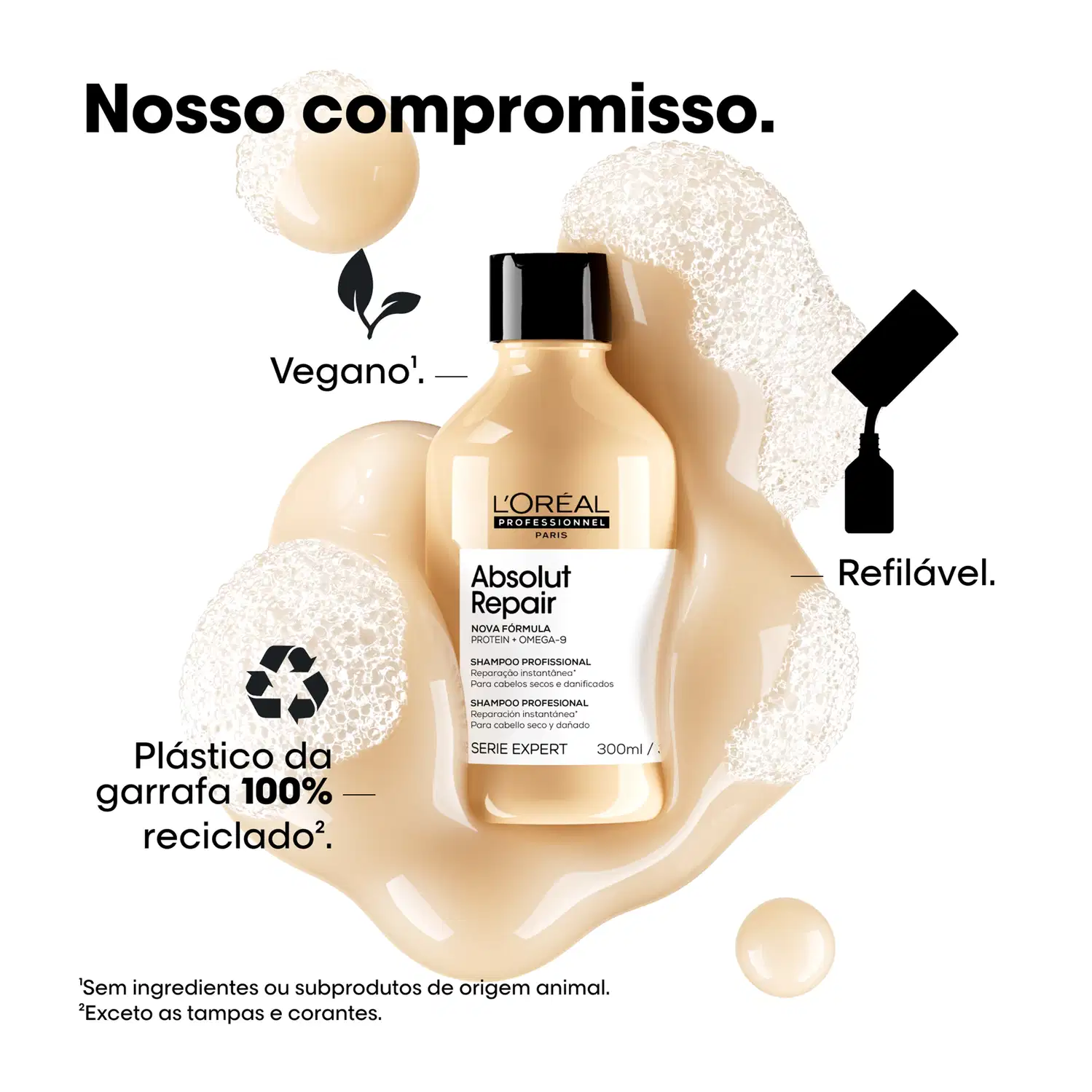 A embalagem do produto "Absolut Repair" e informações sobre ser vegano, refil e plástico 100% reciclado.