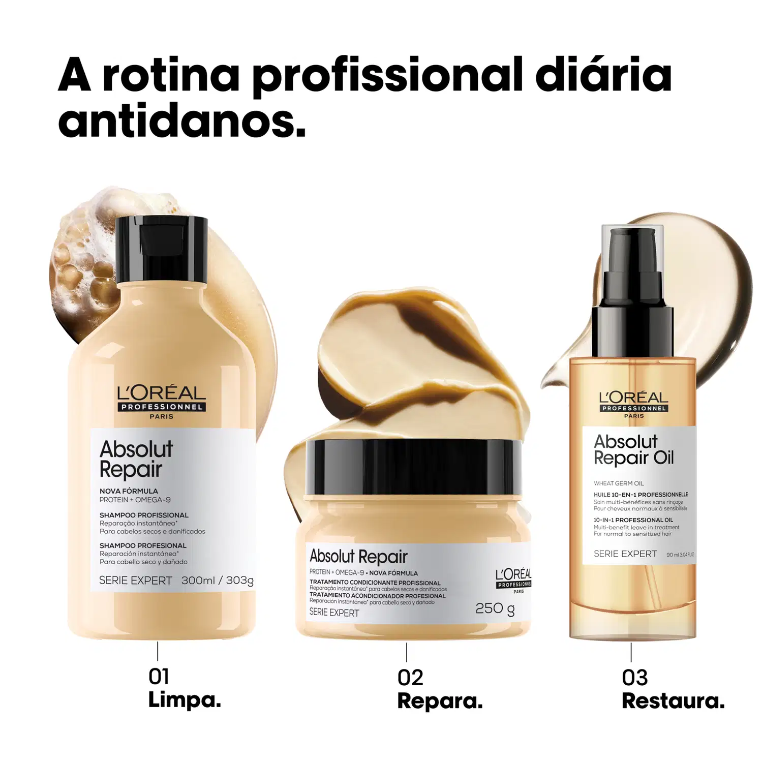 Três produtos da linha Absolut Repair da L'Oréal Professionnel Paris: shampoo, tratamento condicionador e óleo capilar. Texto em português: "A rotina profissional diária antidanos. 01 Limpa. 02 Repara. 03 Restaura."