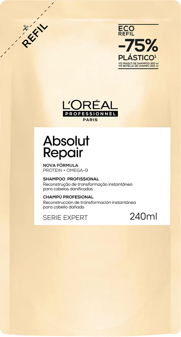 Embalagem de shampoo profissional L'Oréal Absolut Repair, com 240ml, em tom bege, com rótulo destacando a nova fórmula com proteína e ômega-9 para reconstrução instantânea de cabelos danificados.
