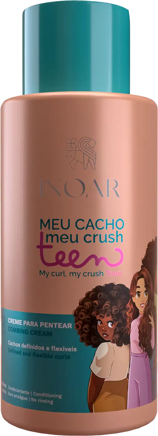 A imagem mostra o Creme para Pentear Inoar Meu Cacho, Meu Crush Teen 500ml, embalagem cilíndrica em plástico rosa e verde. Traz ilustração de meninas adolescentes com cabelos cacheados.