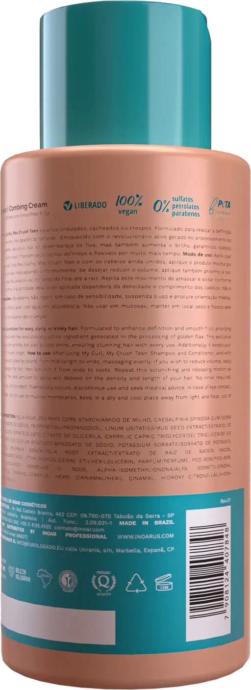 A imagem mostra a parte de trás da embalagem do Creme para Pentear Inoar Meu Cacho, Meu Crush Teen. Traz informações sobre ingredientes, instruções de uso e selos indicando que é um produto profissional, vegano e reciclável.