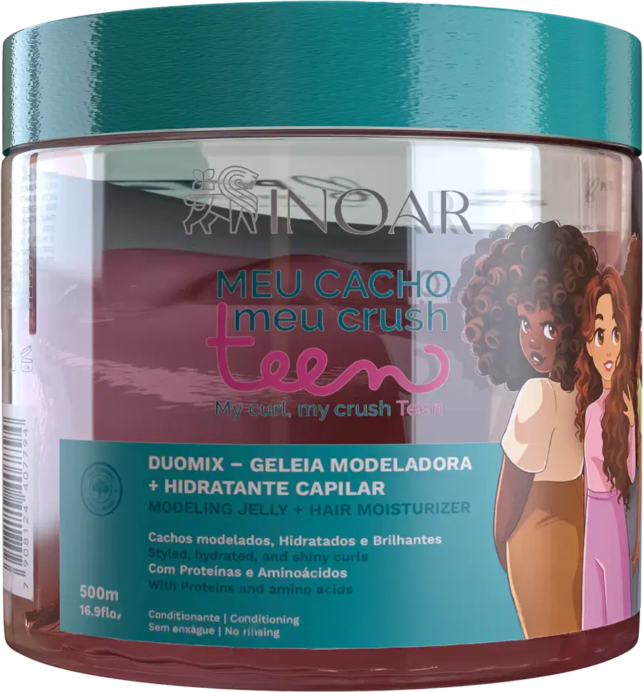 A imagem mostra a Geleia Modeladora e Hidratante Capilar Inoar Meu Cacho, Meu Crush Teen Duomix 500g, embalagem plástica com formato circular. Traz ilustração de meninas com cabelos cacheados. As cores predominantes são verde, rosa e branco.