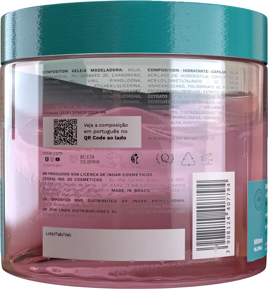 A imagem mostra a parte de trás da embalagem do produto da Inoar. O rótulo contém informações como composição, código QR, instruções em português e outros detalhes do produto. A embalagem permite visualizar o produto  de cor roxa.