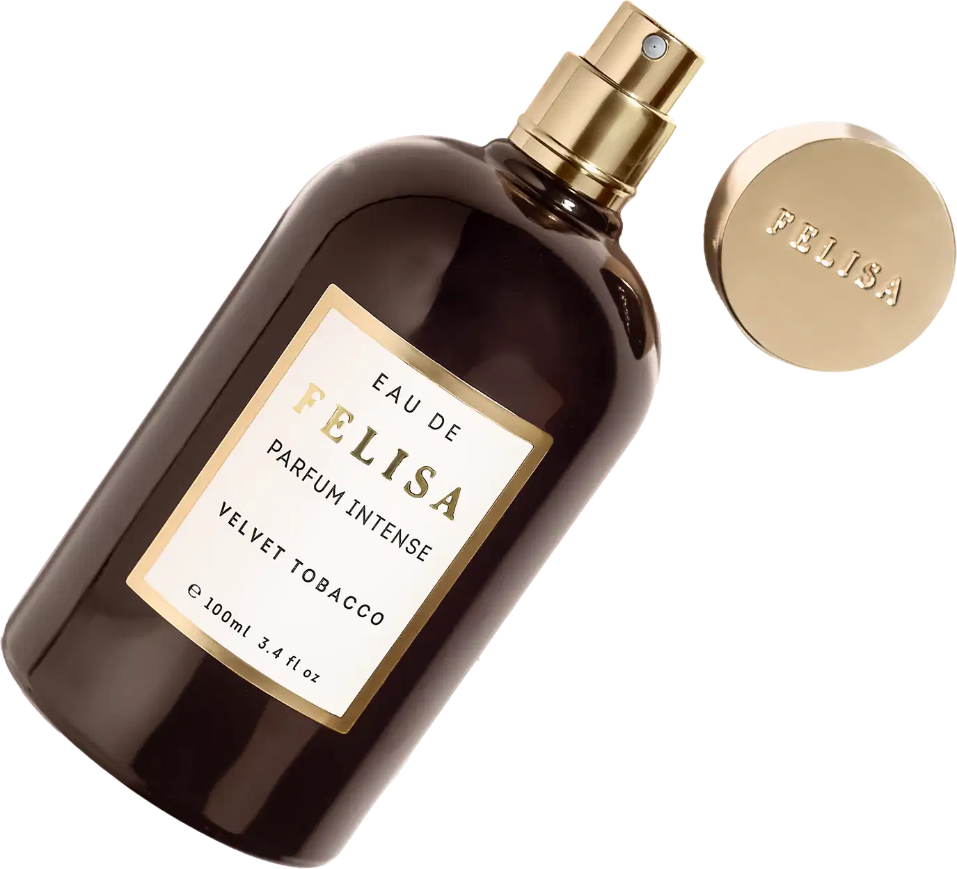 Perfume Felisa em frasco de vidro âmbar com detalhes dourados. Frasco retangular de 100ml com tampa dourada. Rótulo branco com texto "Eau de Felisa Parfum Intense Velvet Tobacco". Embalagem com o nome "Felisa" em relevo dourado na parte inferior.